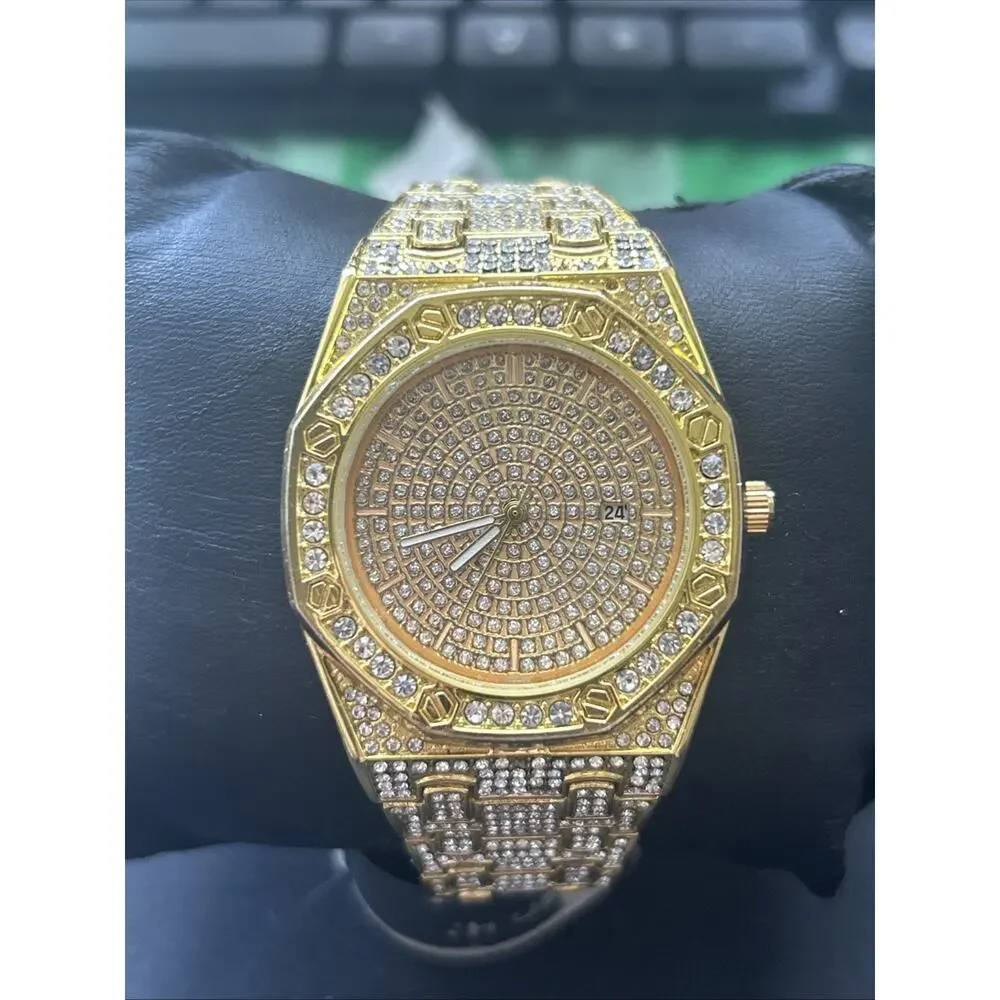 Iced Out Gold Tone Men’s Quartz Watch